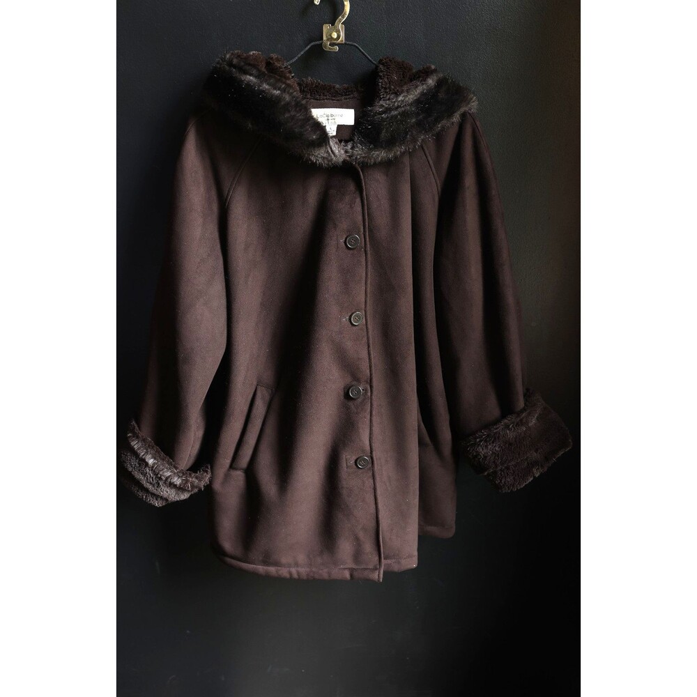 Vintage Liz Claiborn Brown Hooded Button Coat Faux Suede Faux Fur Mob Wife Large